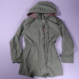 Studio Works Green Hooded Utility Jacket Women's Small Cinched Waist Parka Coat